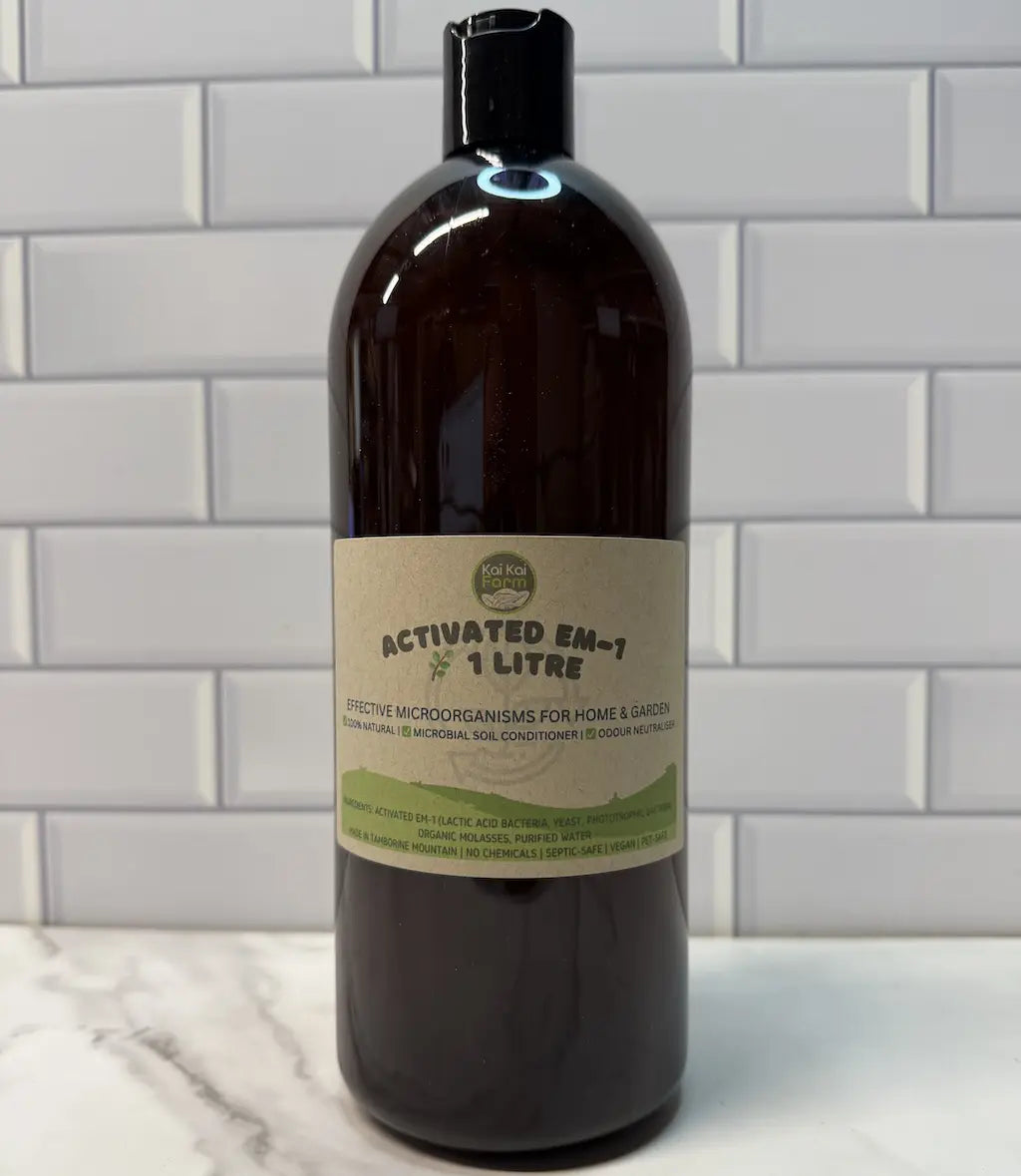 Bottle of Activated EM-1 on a tiled wall background
