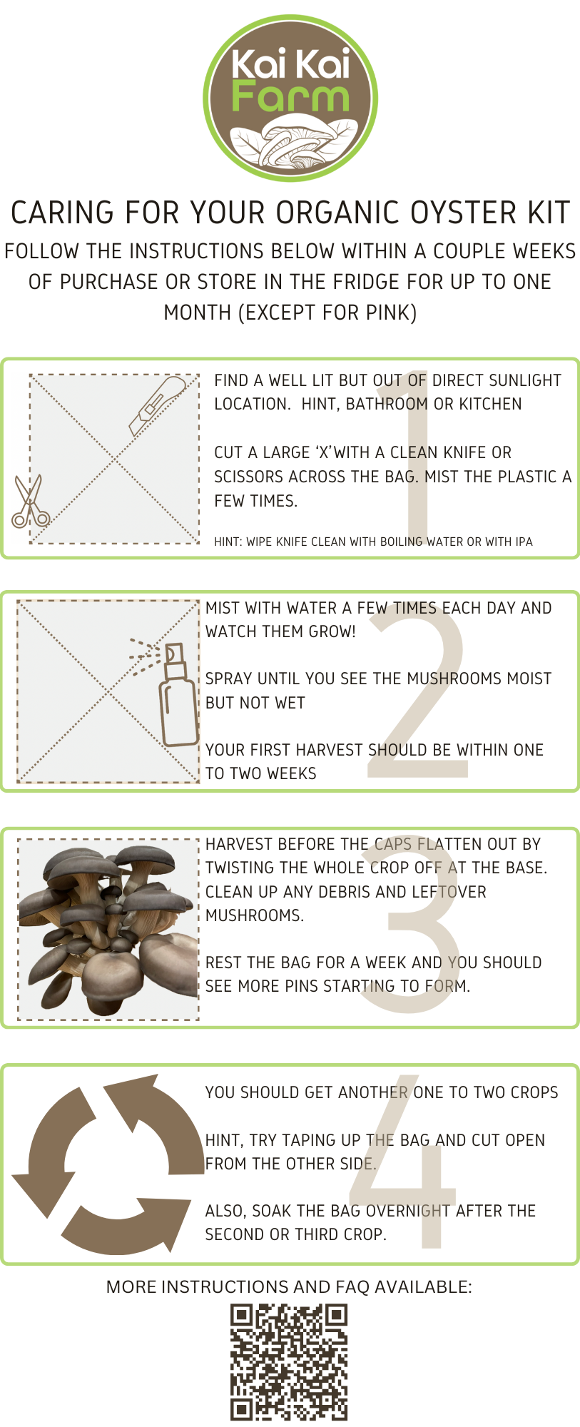 Instructions for caring for your Oyster mushroom grow kit card