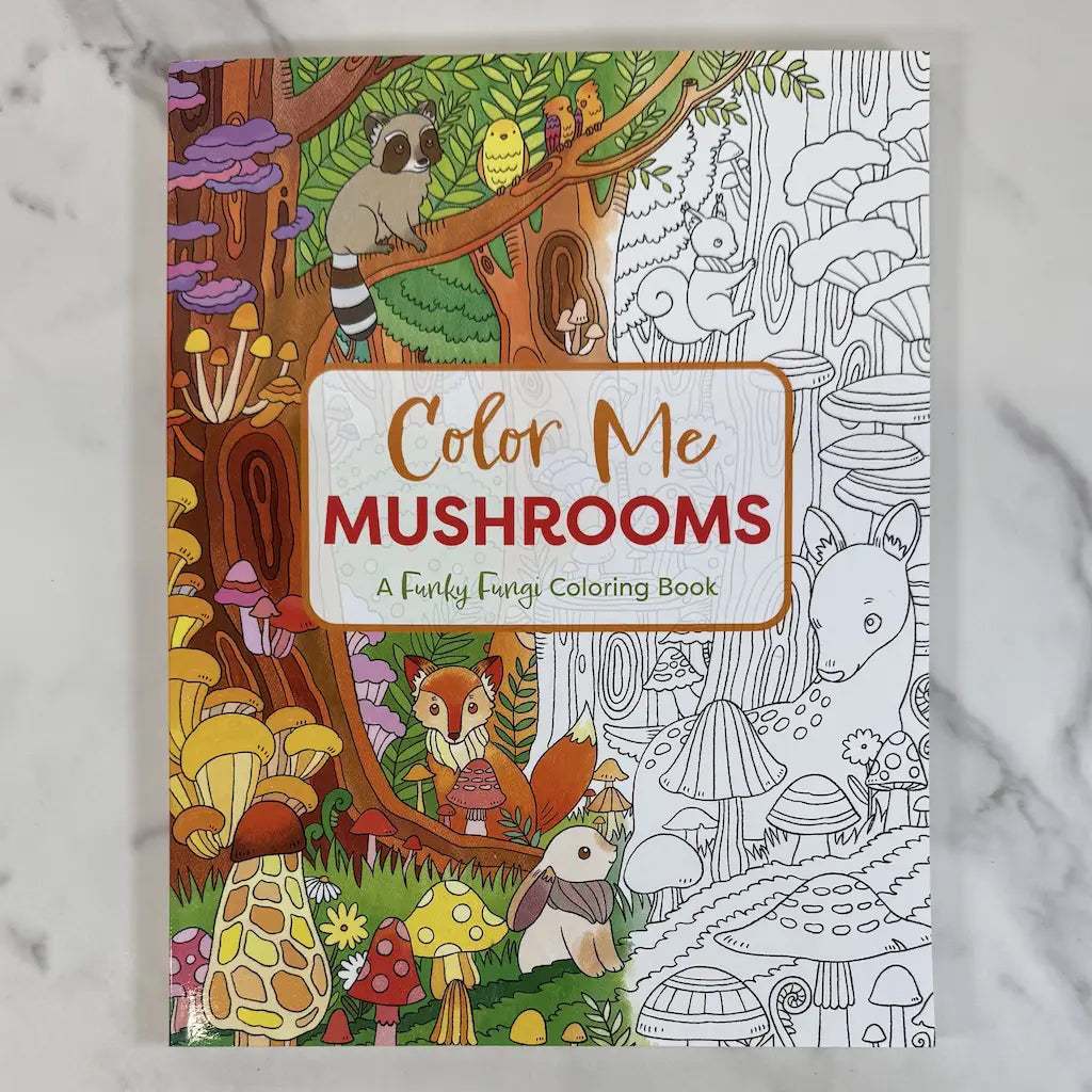 Coloring book titled 'Color Me Mushrooms: A Funky Fungi Coloring Book' with forest-themed illustrations on a marble surface.