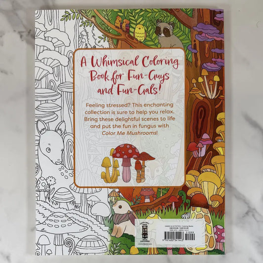 Coloring book cover with mushroom and animal illustrations on a white marble background