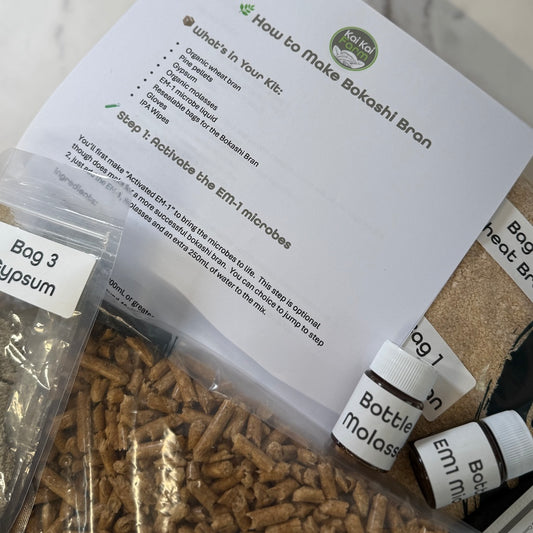 Bokashi bran kit with instructions and ingredients on a white background