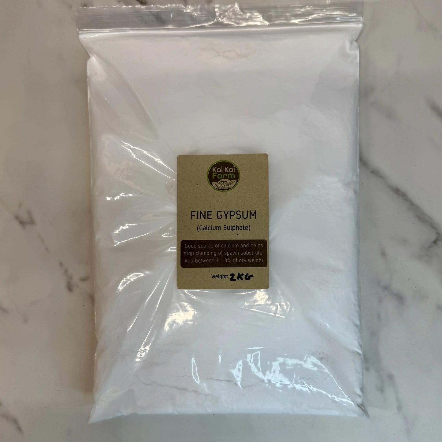 2KG resealable bag of fine grade gypsum for mushroom spawn supplementation