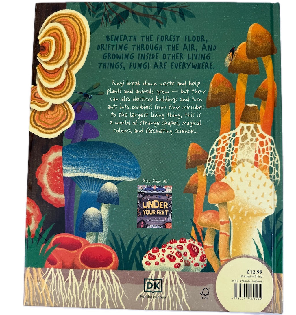 Back cover with colorful illustrations of mushrooms and text on a green background