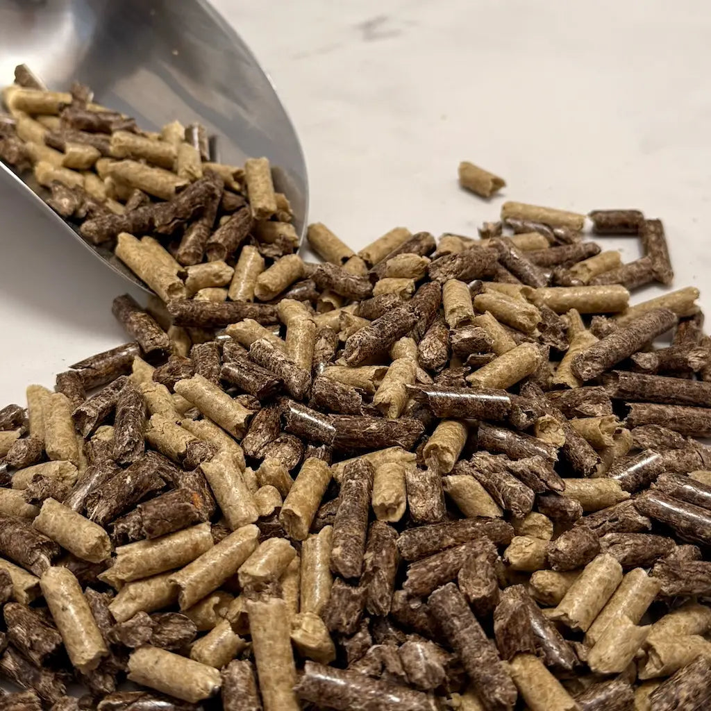 Close up of master's mix - 50% hardwood and 50% soy hull pellets for mushroom substrate