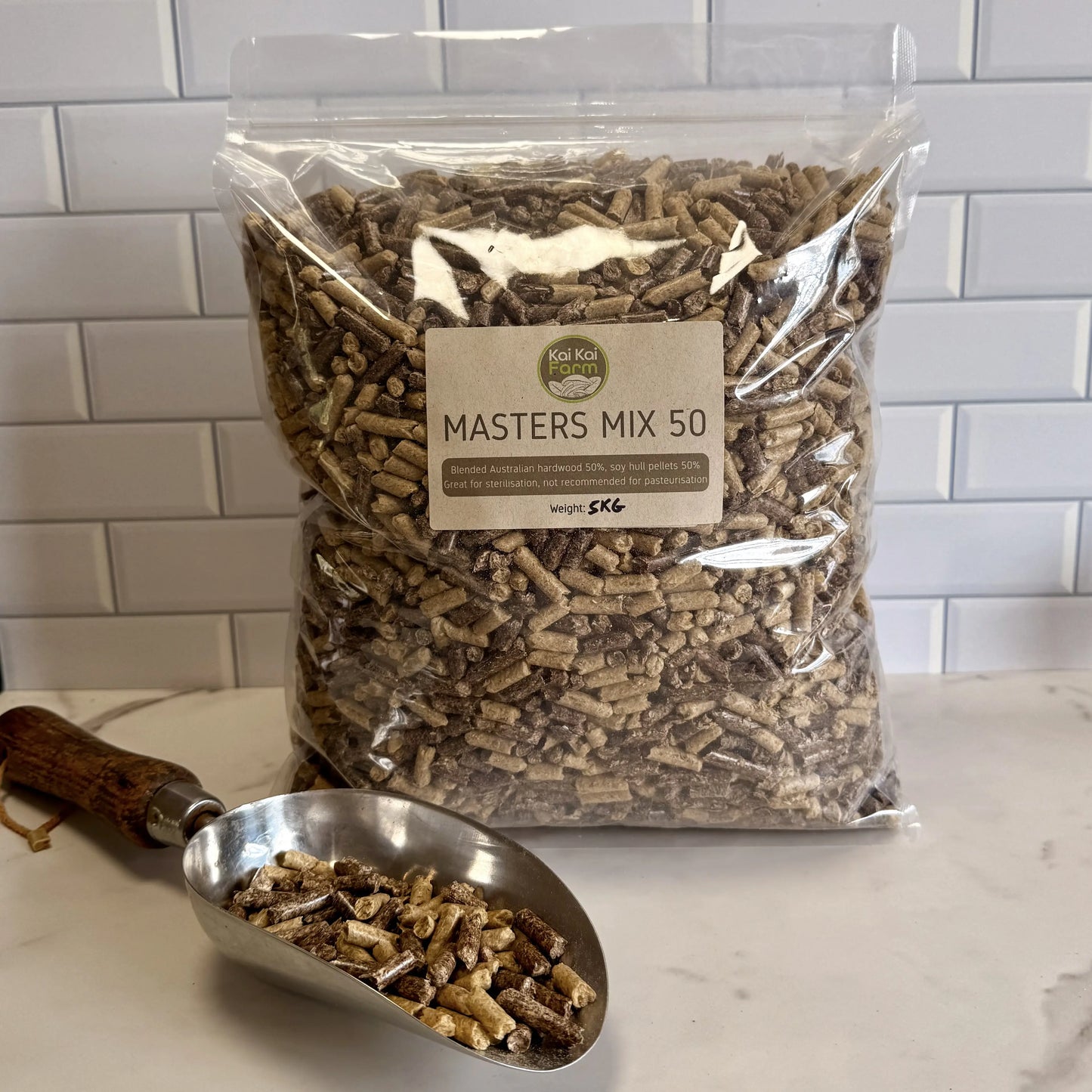 5KG bag of masters mix mushroom 50% soy hull substrate pellets
