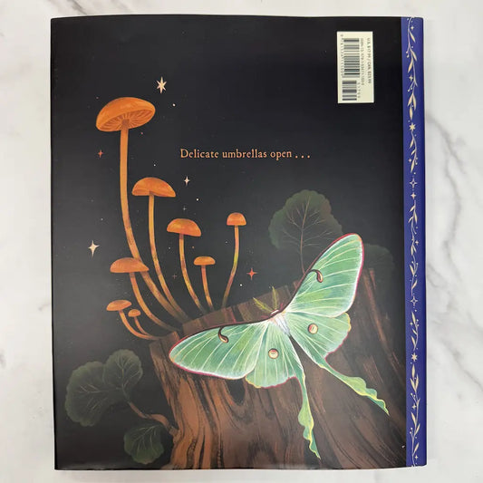 Book cover with illustration of a butterfly and mushrooms on a dark background