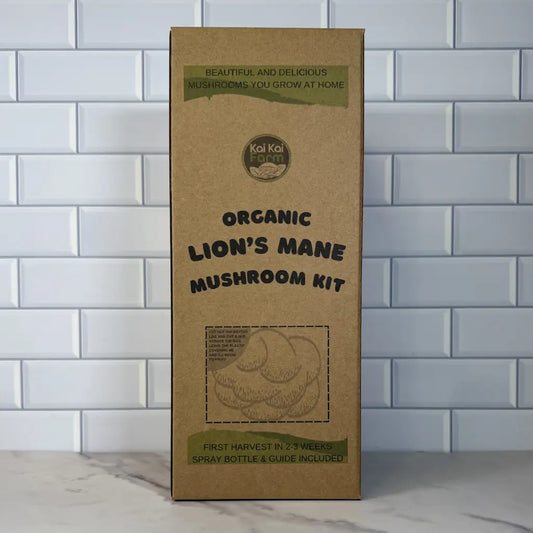 Front Of Organic Lions Mane Mushroom Grow Kit Box
