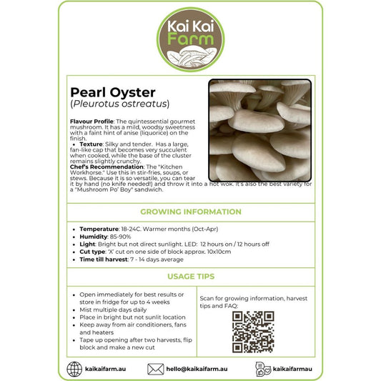 Pearl Oyster Mushroom Ready To Fruit Block Label
