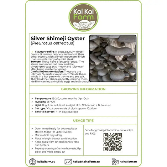 Silver Shimeji Oyster Mushroom Ready To Fruit Block Label
