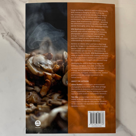 Book back cover with mushroom imagery and text on a neutral background
