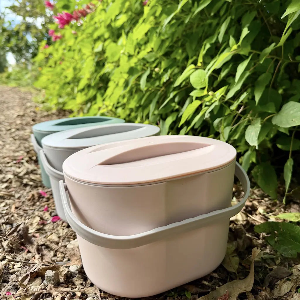4L Kitchen Compost Caddy In Garden, Rose Pink, Mountain Mist Grey and Seafoam Green