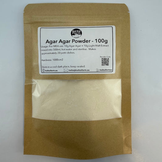 100g bag of Agar Agar powder for mycology petri dishes.  Use in PDA/MDA/LMA recipes 