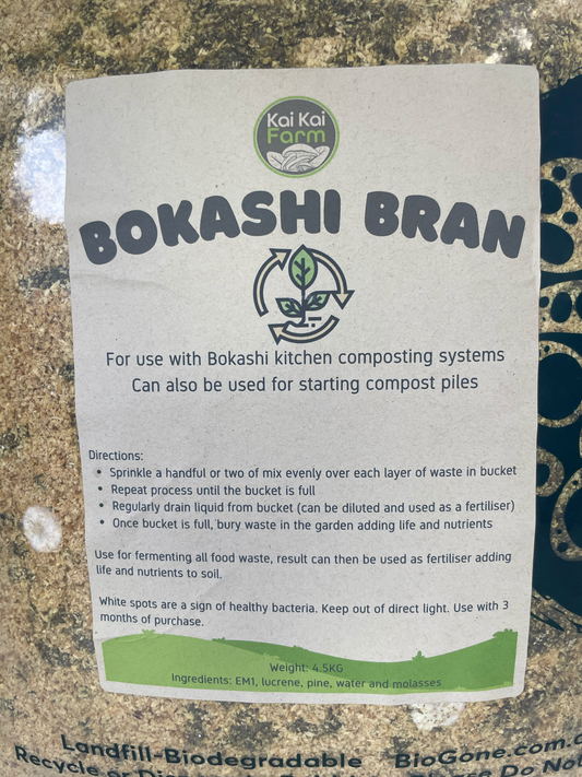 Close up photo of Bokashi Bran Sticker Information