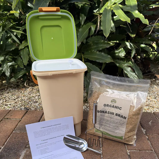 Complete Bokashi Composter Set including 15L bin, compost masher, scoop, organic bokashi bran and instructions