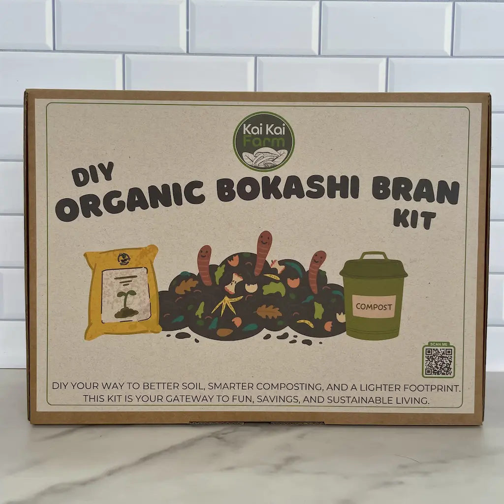Kai Kai Farm DIY Organic Bokashi Bran Kit packaging on a marble surface with tiled wall background