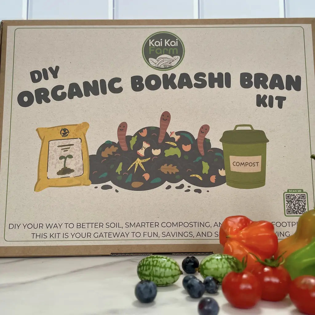 Kai Kai Farm DIY Organic Bokashi Bran Kit packaging with illustrations and text.