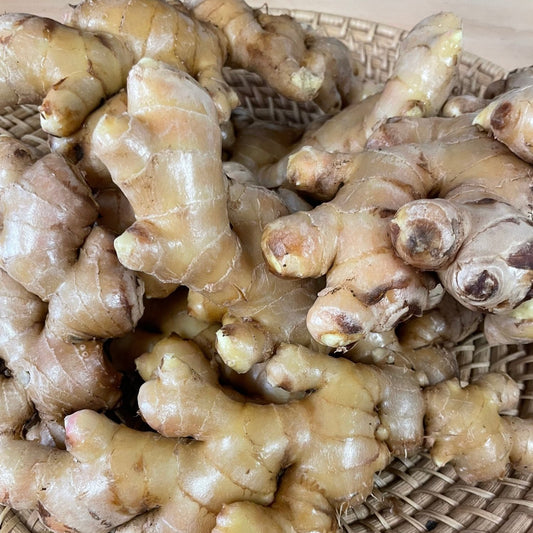 Fresh Organically Grown Ginger displayed on a platter