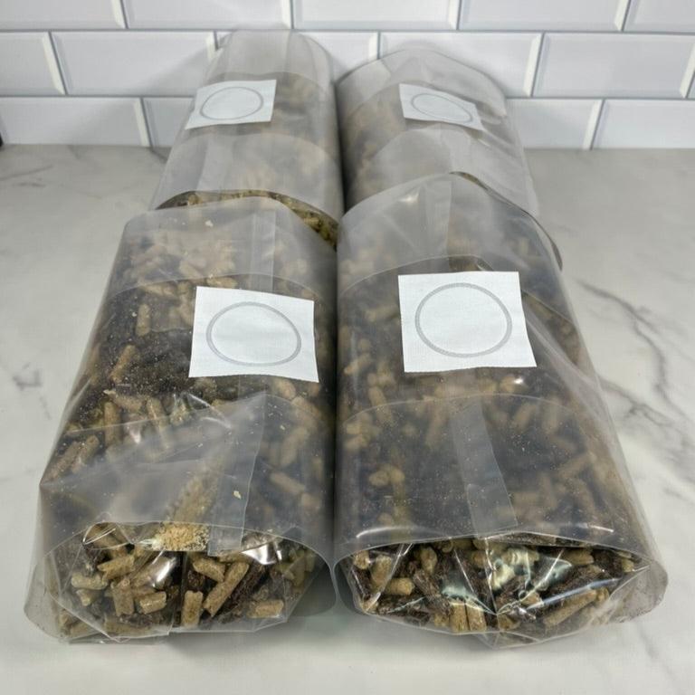 Four bags of masters mix mushroom substrate using hardwood and soy hull pellets