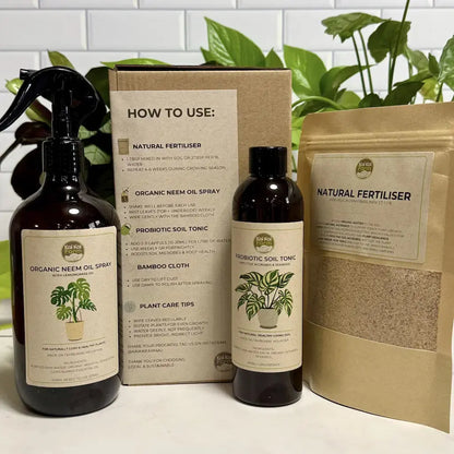 Indoor Plant Care Kit including organic neem oil spray and probiotic soil tonic for healthy indoor plants.