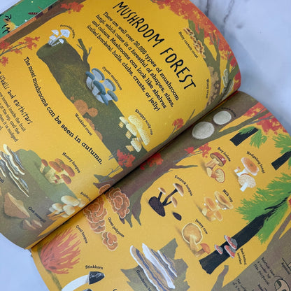Open book with illustrations of mushrooms and text on a yellow background