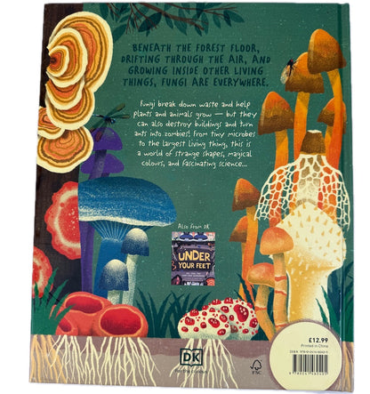 Back cover with colorful illustrations of mushrooms and text on a green background