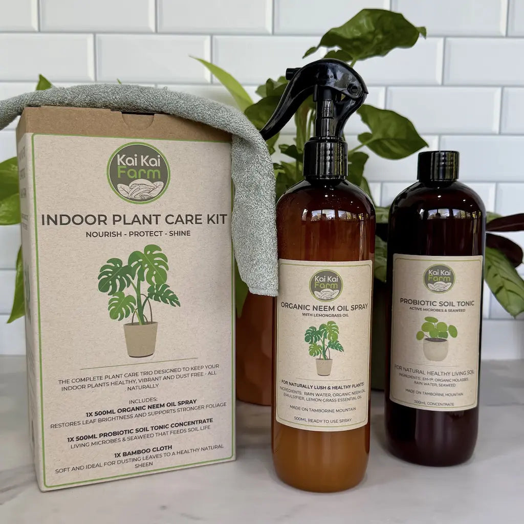 Indoor Plant Care Kit including organic neem oil spray and probiotic soil tonic for healthy indoor plants.