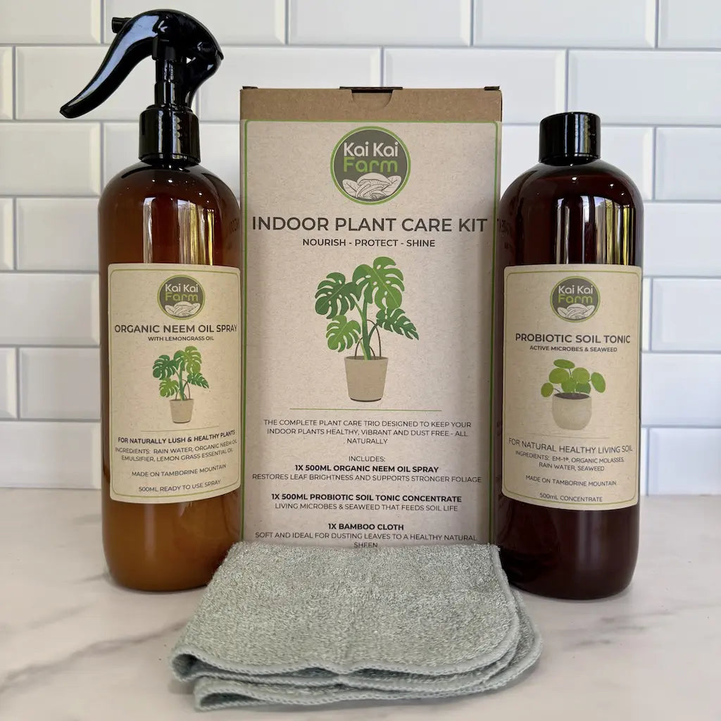Indoor Plant Care Kit with neem oil spray, probiotic soil tonic, and bamboo cloth for healthy indoor plants.