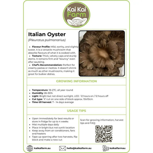 Italian Oyster Mushroom Ready To Fruit Block Label