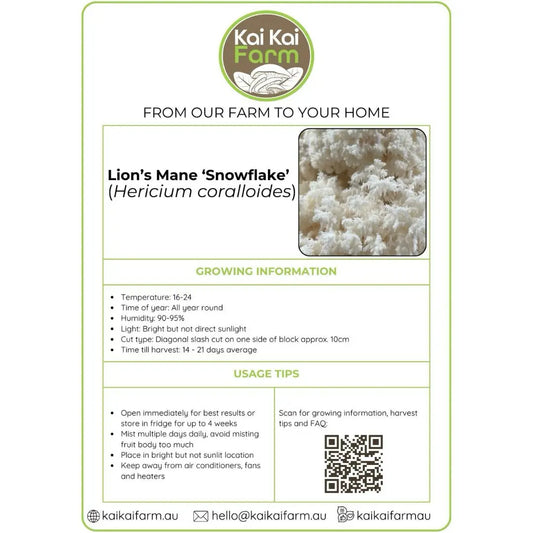 Information Sticker For Lion's Mane Snowflake Ready To Fruit Mushroom Block