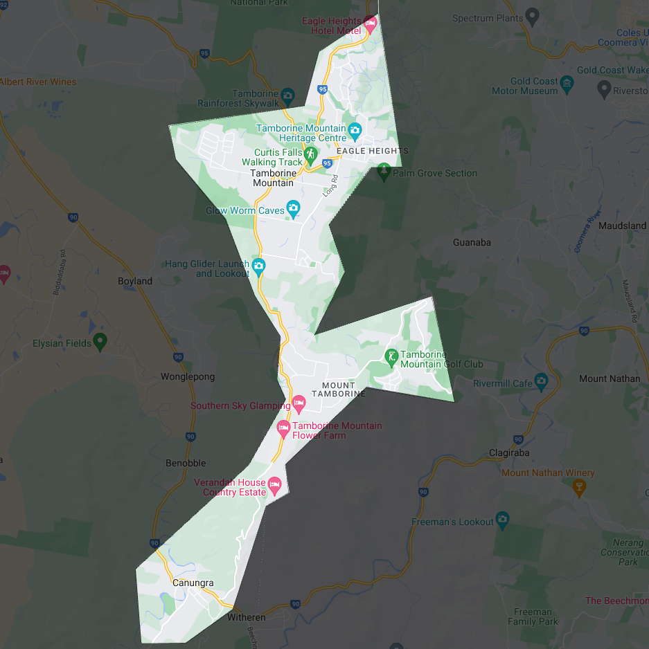 Map showing the free local delivery area around Tamborine Mountain