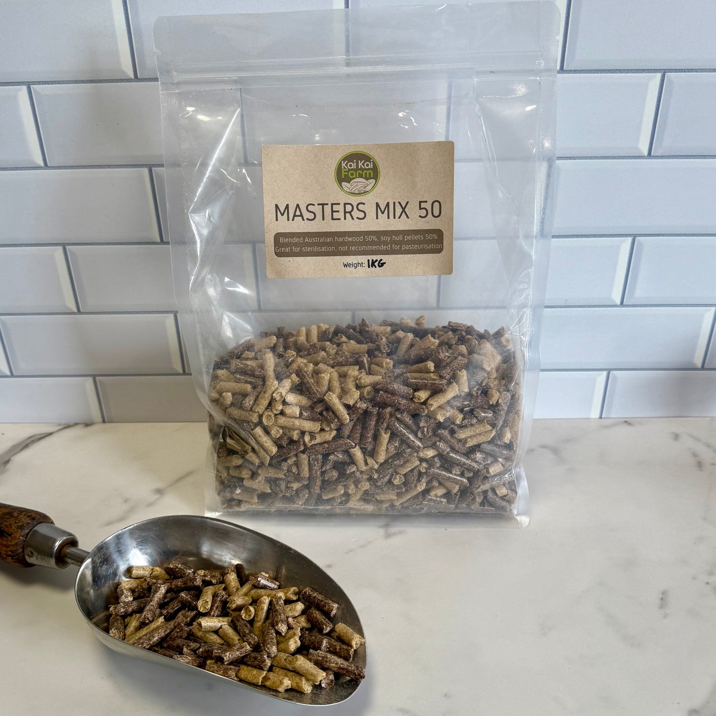 1KG bag of masters mix mushroom substrate pellets with 50% hardwood and 50% soy hull