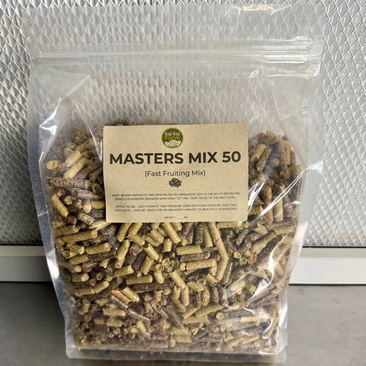 1KG bag of masters mix mushroom substrate pellets with 50% hardwood and 50% soy hull