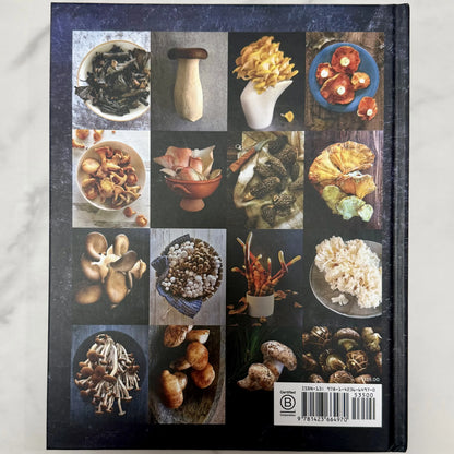 Book cover with grid of images of mushrooms and food items on a dark background