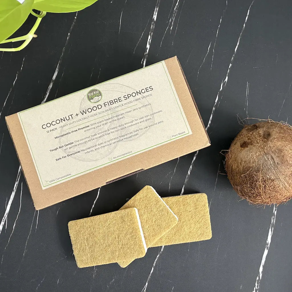 12 Pack Natural Coconut & Wood Fibre Sponges | Compostable & Plastic-Free Kai Kai Farm