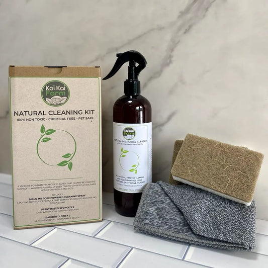 Kai Kai Farm's Natural Cleaning Kit with 500mL microbial cleaner, bamboo clothes and coconut scrubbers