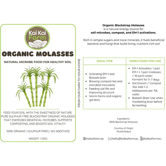 Kai Kai Farm Organic Molasses label with information on uses and benefits