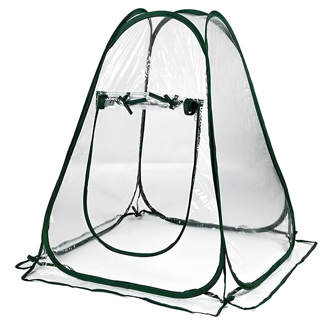 Mini pop-up mushroom grow tent with clear PVC cover and zip front panel, an indoor fruiting chamber for mushroom blocks and plants