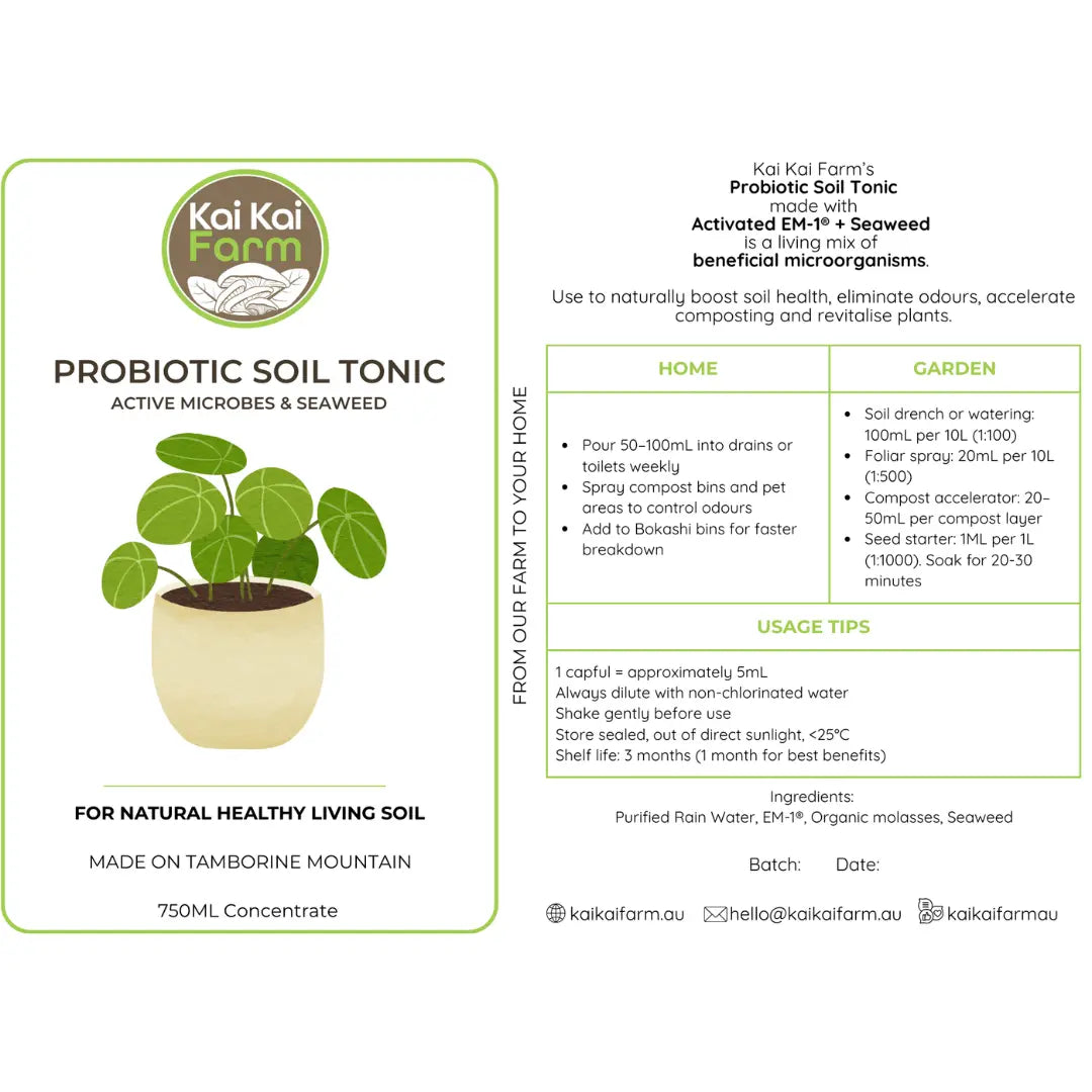 Kai Kai Farm's Probiotic Soil Tonic made with Activated EM-1 and Seaweed is a living mix of beneficial microorganisms