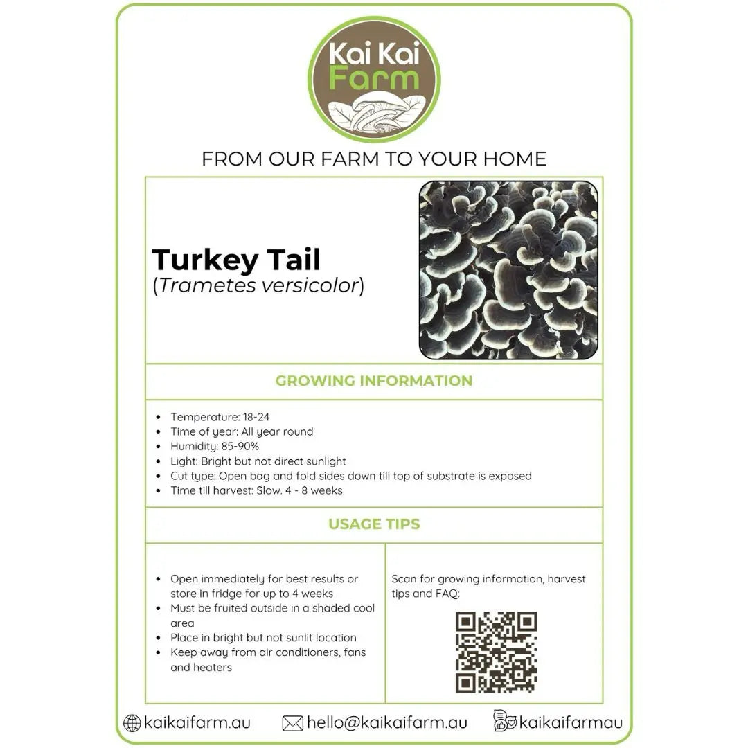 Kai Kai Farm label for the Turkey Tail Mushroom 2.2KG Ready To Fruit Block