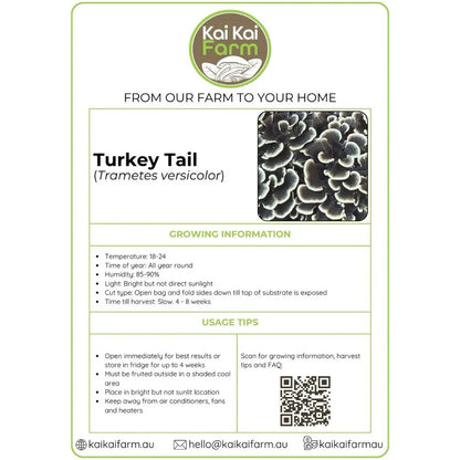 Kai Kai Farm label for the Turkey Tail Mushroom 2.2KG Ready To Fruit Block
